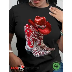 Women'S Black T-Shirt with Red Cowboy Boots & Hat Graphic - Casual Short Sleeve, Round Neck, Stretchy Fabric, Perfect for Spring/Summer, Everyday Tshirt | Trendy Graphic Tee | Comfortable Fit
