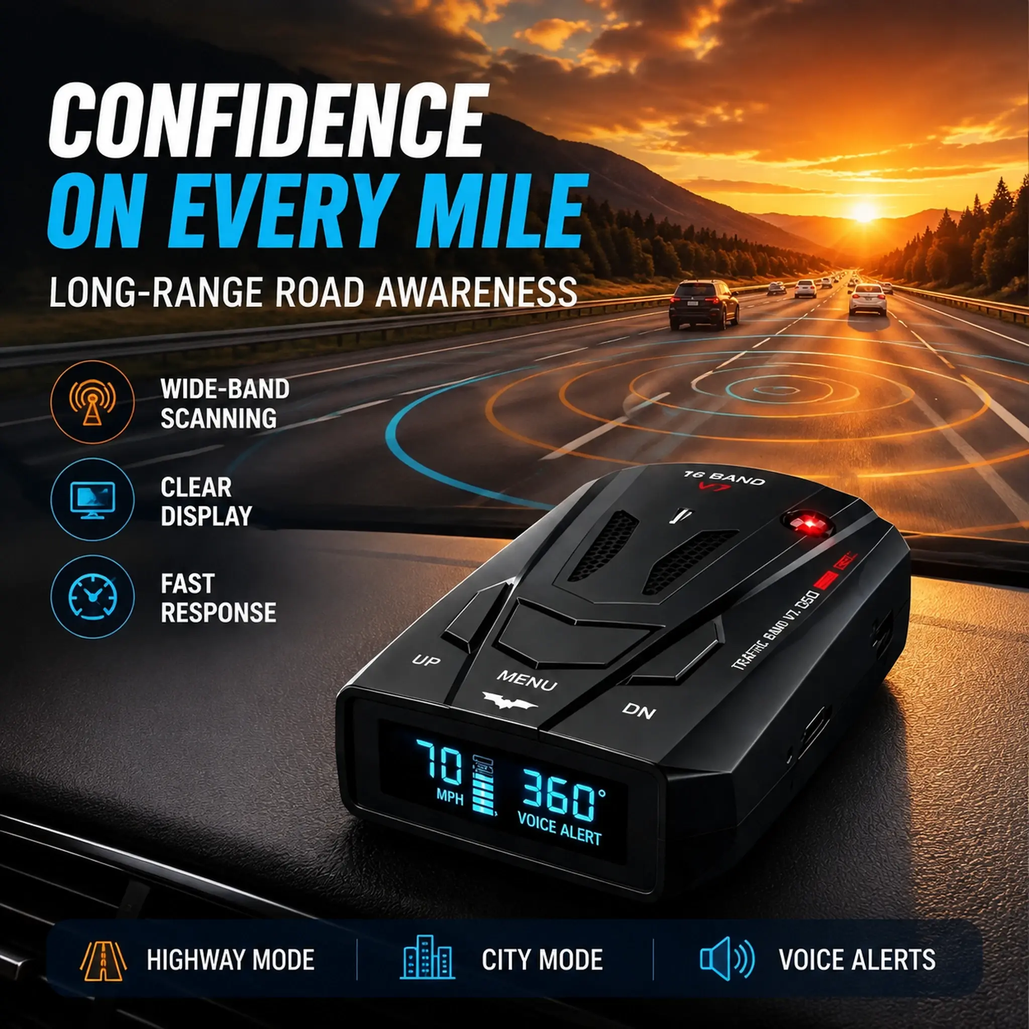 Vehicle Driving Assistant Radar Detector, 16 Frequency Bands K/Ka/X, VG-2 Anti-Detection, Voice Prompt & LED Screen, False Signal Filter