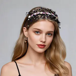 Handmade Black Lace Crystal Headband for Women – Iridescent Beaded Wide Hairband