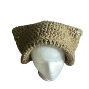 Crocheted Kitty Cat Hat - Crocheted Hat with Decorative Elements, Brown Color, Round Shape, Casual Style