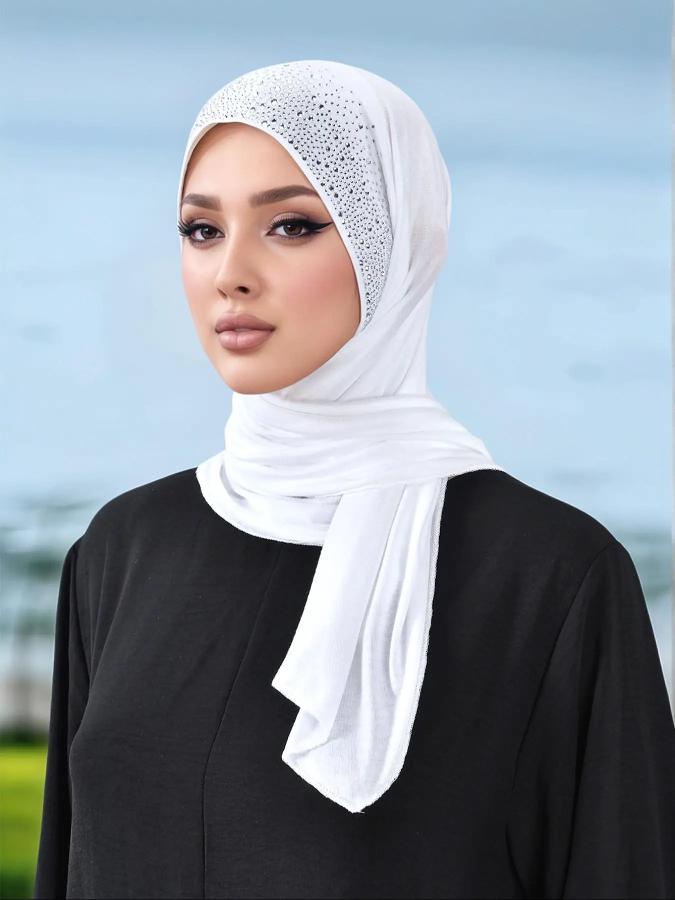 Women's Solid Color Rhinestone Decor Instant Hijab, Fashionable Breathable Long Hijab for Daily Wear, Casual Versatile Scarf for Women