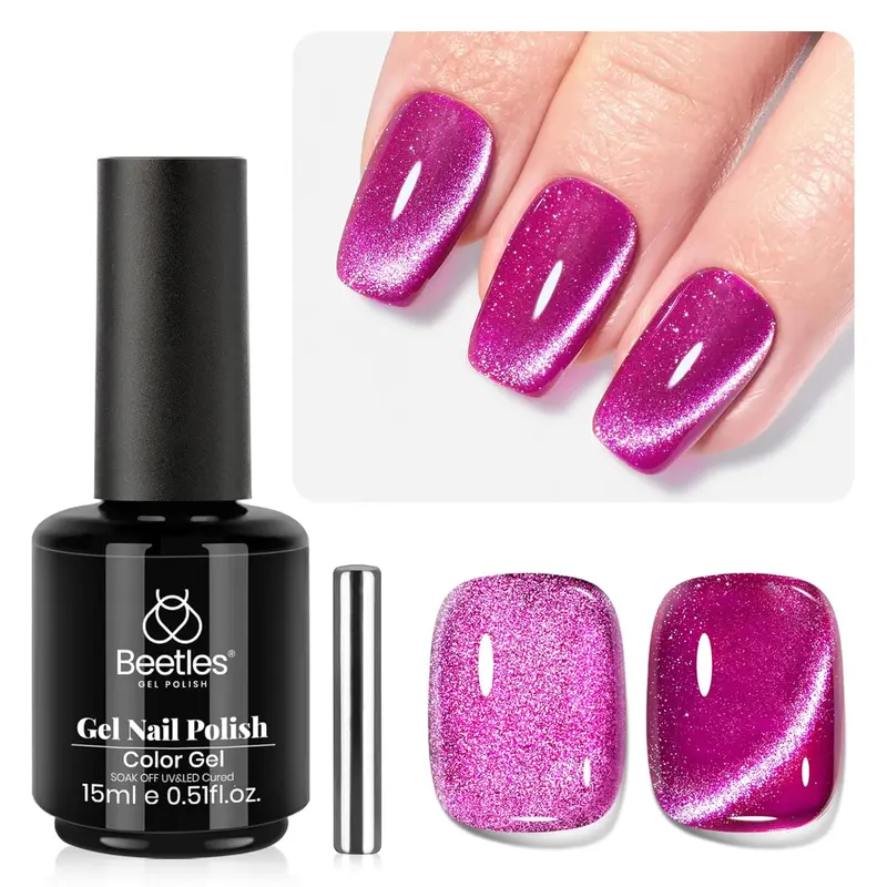 Beetles 15ML Magnetic Cat Eye Gel Nail Polish Bottle - Soak-Off UV Shimmer Velvet Gloss, Aliphatic Urethane, Bling Effect, Long-Lasting Flawless Nails, Magnet-Required Beauty Cosmetic Gift for Adults