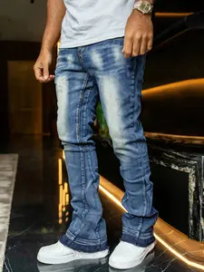 Men's slim-fit stretch micro flare blue jeans with frayed hem and natural distressed fading, trendy Vintage streetwear denim pants
