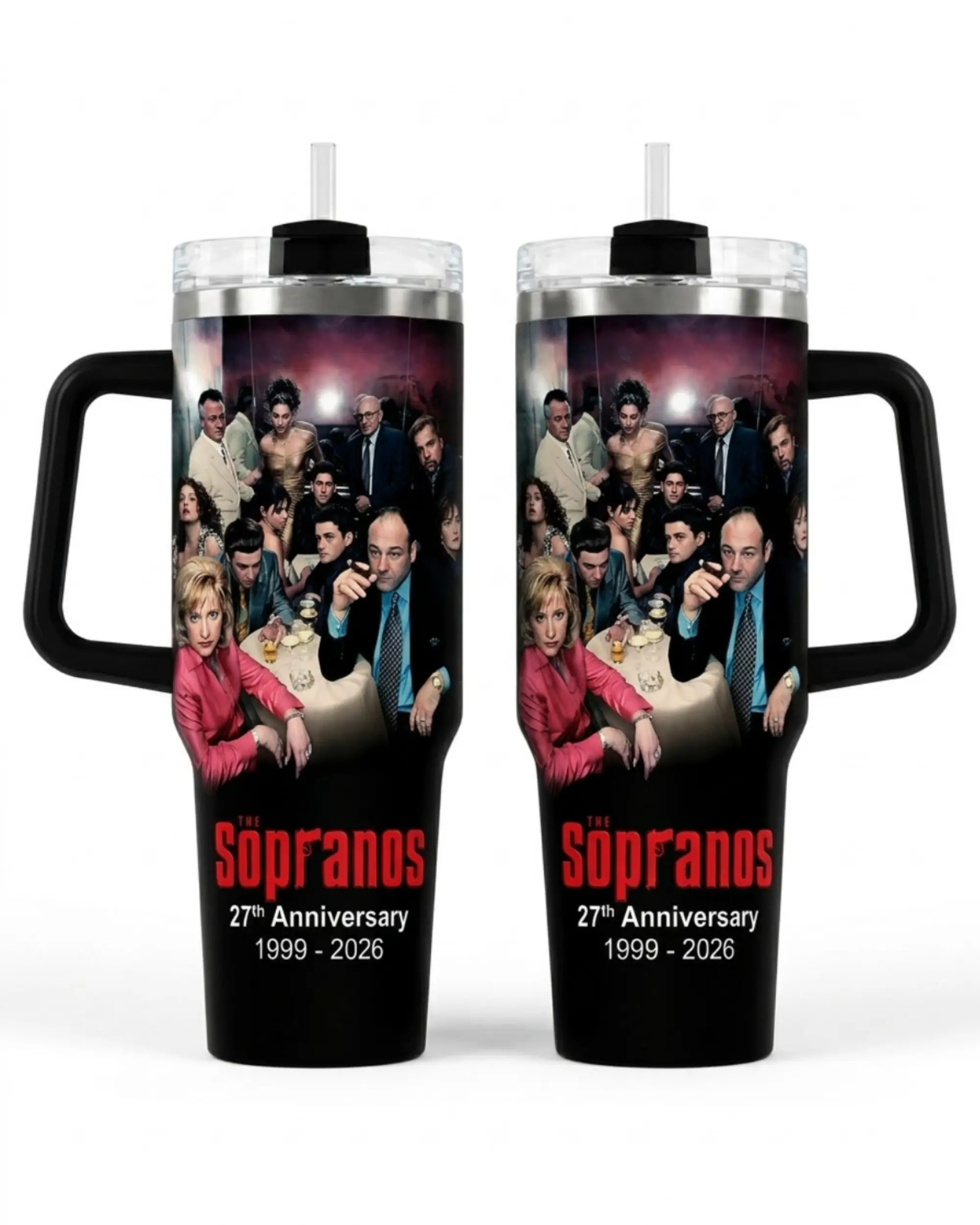 30oz-40oz Stainless Steel Insulated Tumbler with Lid & Handle, The Sopranos 27th Anniversary Cast Tribute Cup, Classic Crime Drama TV Series Fan Tumbler with Cast Poster Artwork, Straw Not Included