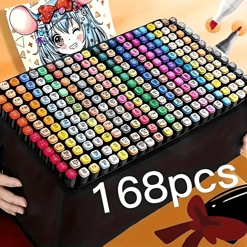 168-color set, double-ended markers that are washable and resistant to smudging, with soft watercolor tips