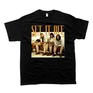 Men's Retro Set It Off Cotton Movie Graphic T-Shirt - Menswear Tshirt Clothes, Unisex Round Neck Short-Sleeve Fitted Tropical Casual Light Sweat Top for Fans, Minimalist Aesthetic Trending Plain Fabric