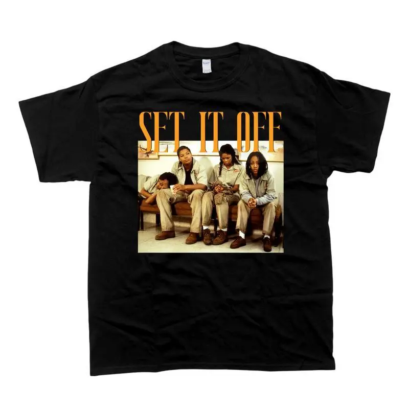 Men's Retro Set It Off Cotton Movie Graphic T-Shirt - Tropical Sweat Tee, Round Neck Short-Sleeve Fitted Light Casual Menswear Top for Fans, Minimalist Aesthetic Plain Fabric