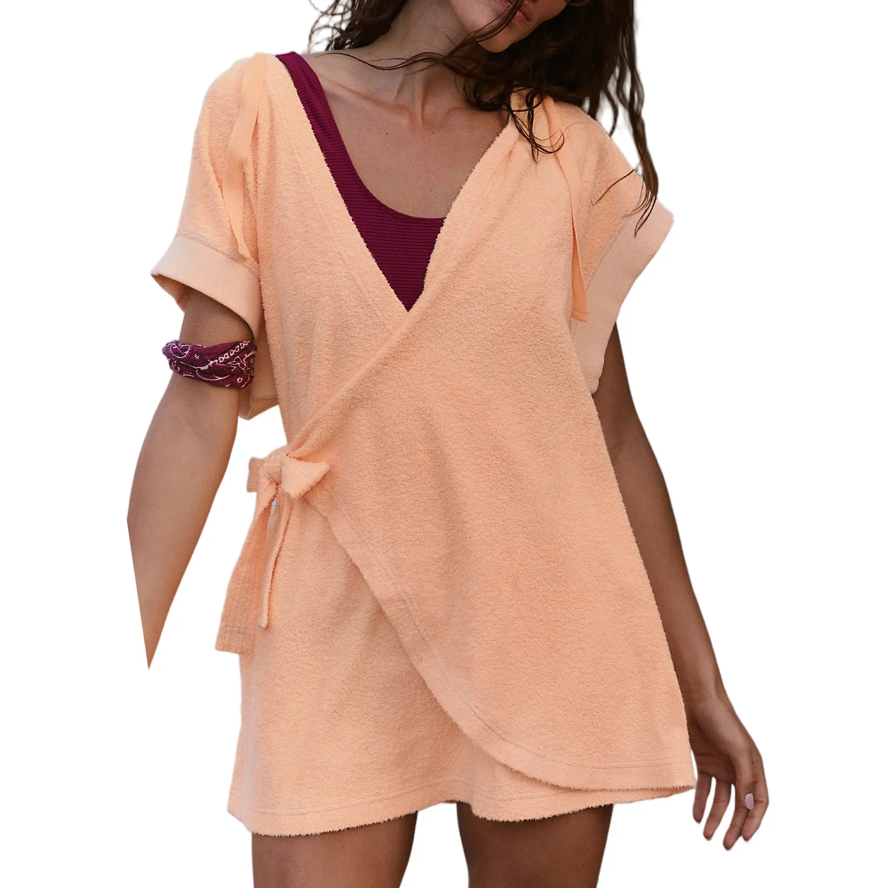 Songling Women's Comfy Cotton Terry Cloth Loungewear - Short Sleeve, Hooded, Tie-Front Wrap Mini Dress, Sexy Bathing Beach Swimsuit Coverup, Lady, Shortsleeve