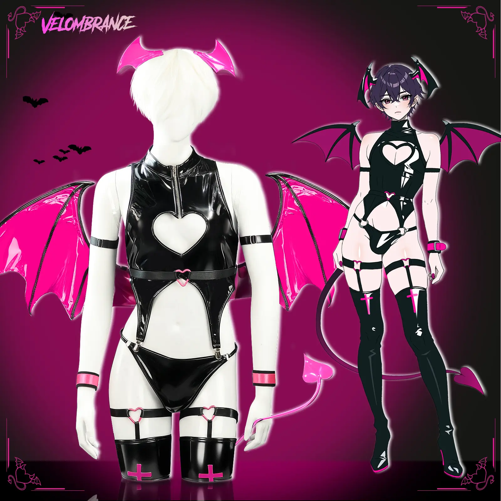 KORURACLUB Men's Stretchy Glossy Leather & Fabric Cutout Heart Demon Bodysuit 7-Piece Cosplay Set, Halloween Special Occasion Costume with Matching Belt, Reflective Accessories, AS32,summerwins