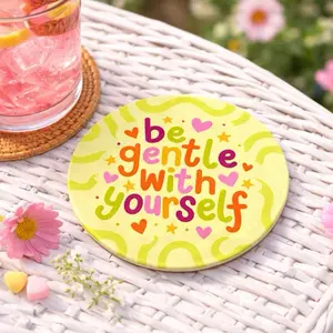 Coaster 4 Pack - "Be Gentle With Yourself" Design, Yellow Background, Heart and Star Motifs, Perfect for Home Decor
