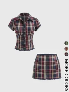 2-Piece Plaid Short Sleeve Shirt & Mini Skirt Set - Casual Outfit for School, Work and Dates