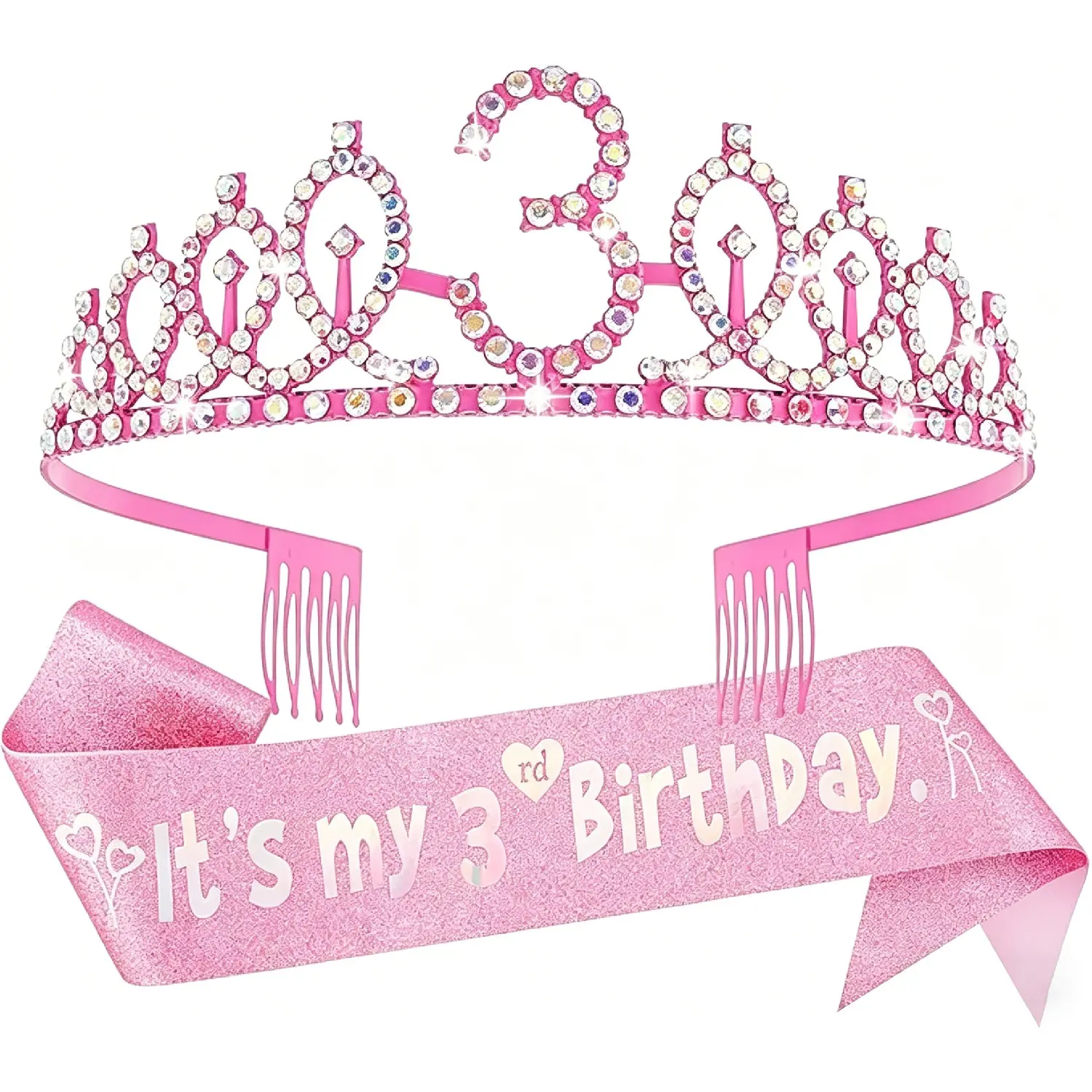 Princess Birthday Decorations for Girls Ages 3-9, Crown Headband with Glitter Ribbon Set, Party Supplies Gift, Party Accessories, Birthday Sash