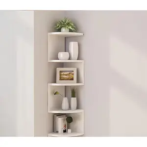 No-Drill Corner Shelf Wall Mount, 5-Tier Floating Corner Bookshelf with Hooks, Space-Saving Zigzag Plant Shelf for Bedroom, Living Room, Bathroom, Home Office