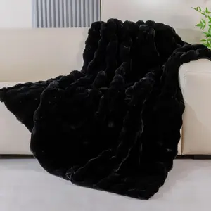 Furry Black Faux Fur Throw Blanket for Couch Bed 50x60 Fuzzy Bubble Soft Blanket for Adults Gift Home Living Room Decorative 860 GSM