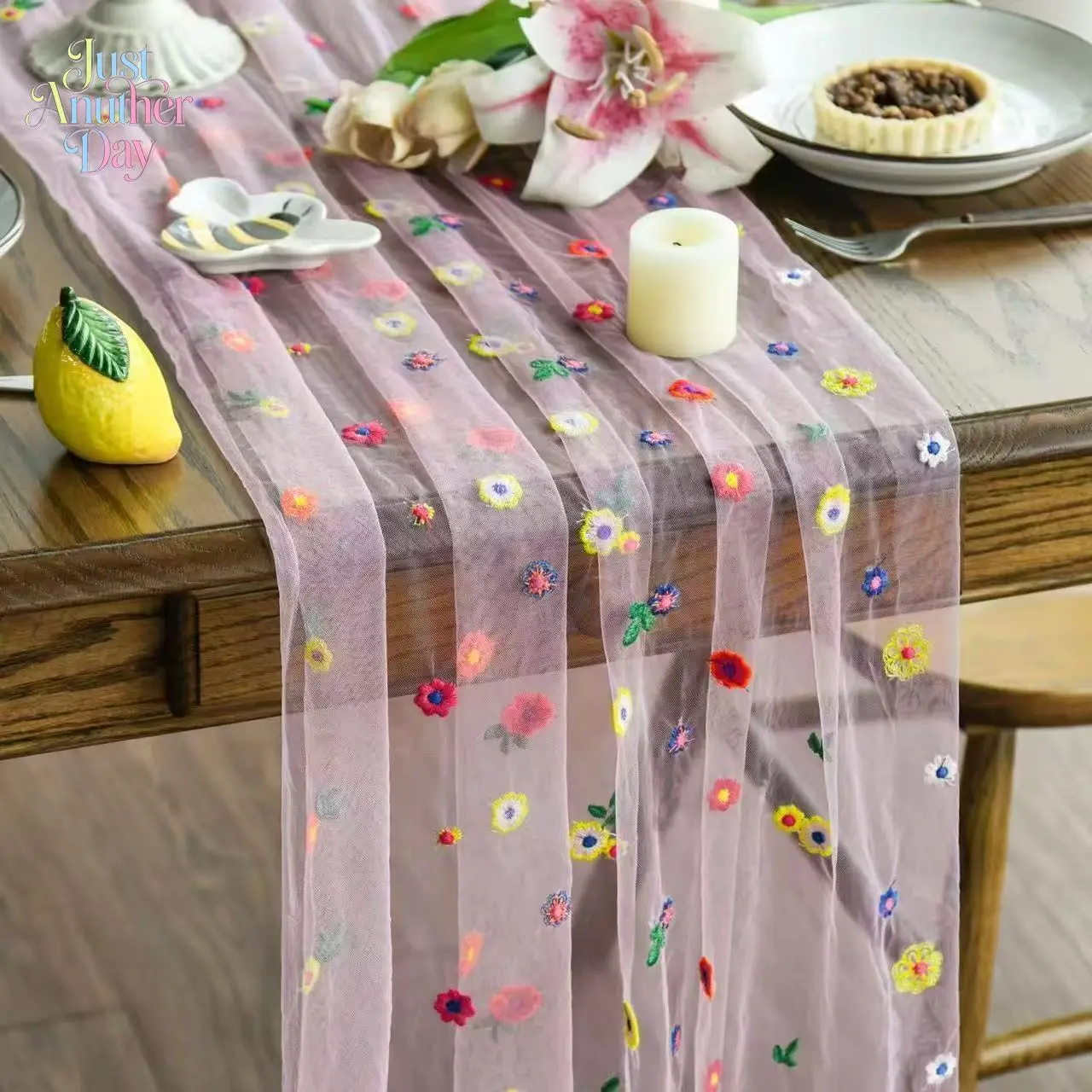 Floral Embroidered Sheer Mesh Table Runner, Colorful Daisy Tulle Tablecloth, Transparent Decorative Scarf for Kitchen, Dining Room, Home & Party Use