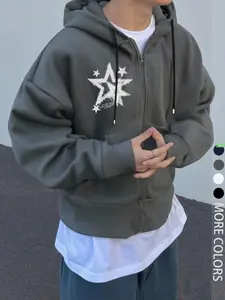 Unisex Y2K Style Embroidered Star Print Fitted Long Sleeve Hoodie, Fall & Winter Zipper Hooded Sweatshirts, Streetwear Couple, Trendy Casual Wear