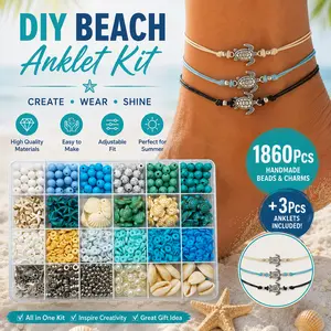 Bohemian 1860Pcs Acrylic Beads & 3Pcs Anklet Set Ocean Style Handmade Natural Turquoise Craft Charm Sea Turtle Shell Starfish Shape Beads 8mm Round Bead for DIY Craft Bracelets Earring Ethnic Braided Adjustable Beach Foot Chain