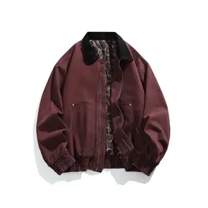 Men's Vintage Pure Cotton Jacket Collared Outerwear Leopard Print Detroit Denim Jacket Spring and Autumn Leather Bomber Jacket
