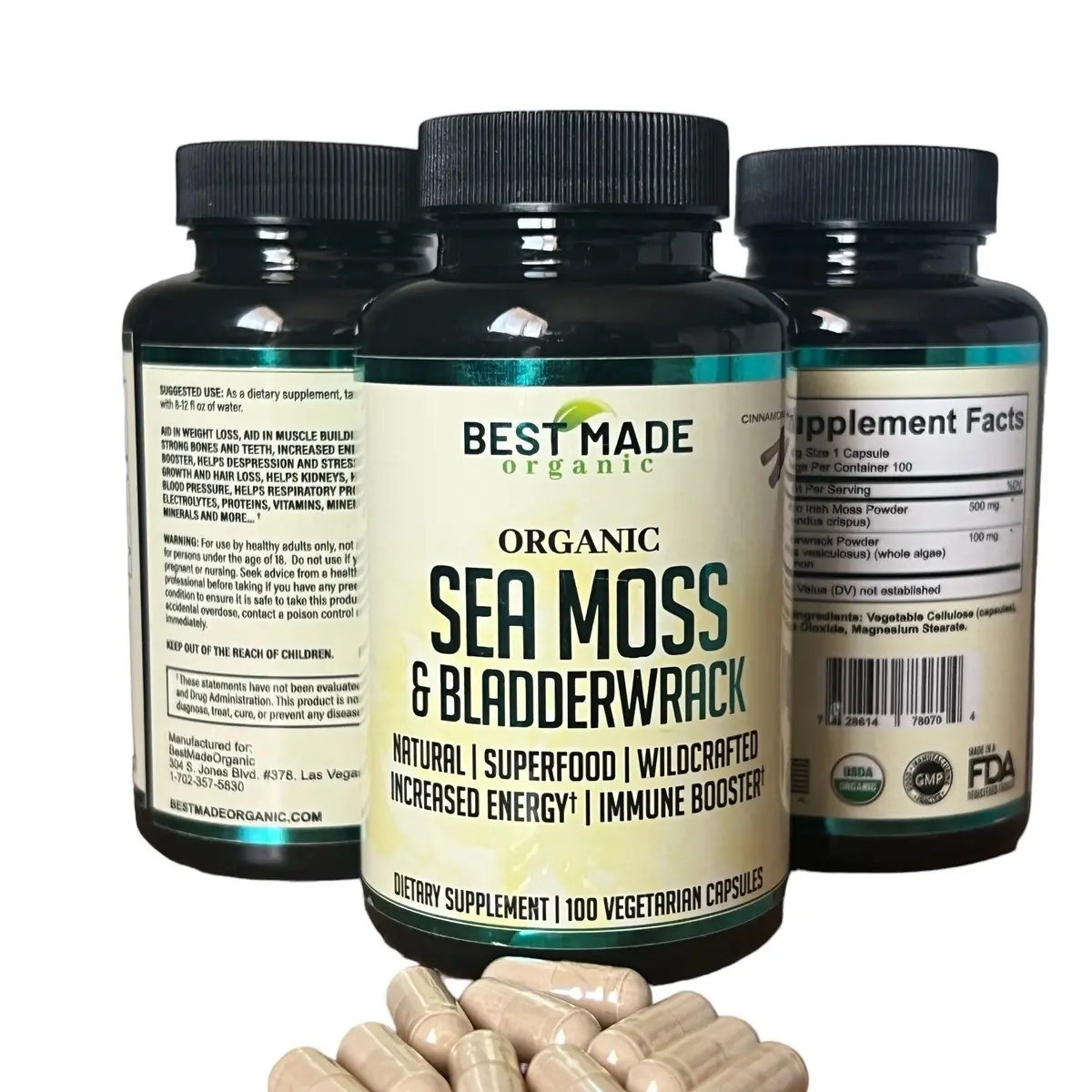 Dr Sebi Organic Irish Sea Moss & Bladderwrack Capsules (100 Count) – Non-GMO Multi-Ingredient Mineral Supplements, Daily Multivitamin Capsules, Edible Dietary Supplement for Fitness Muscle Support, Sugar Free, Gluten Free, Dairy Free