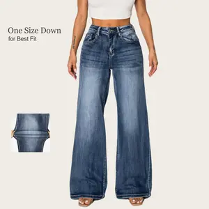 CANANA Women's Plus Size High-Waisted Stretch Wide Leg Flared Baggy Denim Jeans Dark Wash '90s Retro Style Casual Trousers with Zipper Comfortable for Office & Streetwear SH25F12