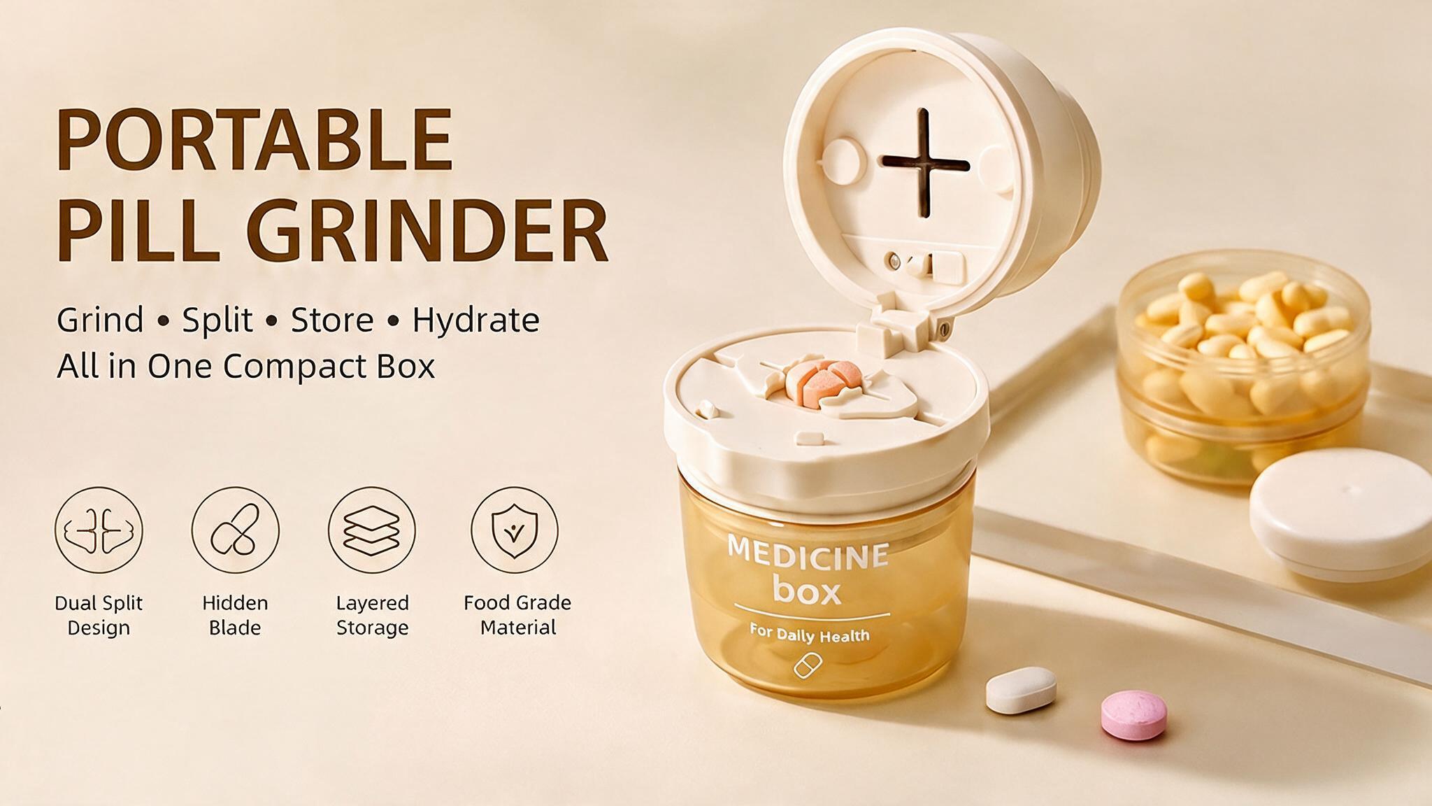 Portable Pill Organizer with Water Cup, Pill Box with Pill Cutter and Pill Crusher, 2 Compartment Travel Medicine Case for Daily Storage