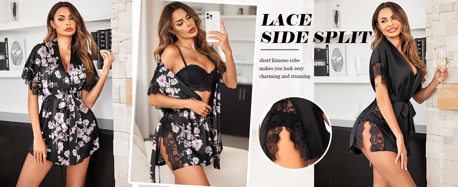 Avidlove Women Lingerie Robe Satin Sleepwear Eyelash Lace Kimono Side Split Sexy Silk Robes