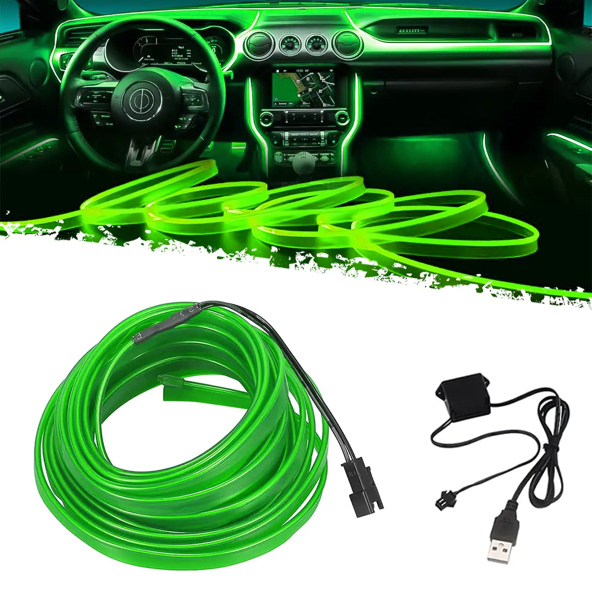 DIBMS Green 16FT Electroluminescent Car LED Strip Lights, USB-Powered Interior Ambient Lighting Kit with Fuse Protection, USB Powered Multicolor Car I