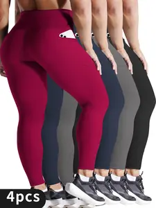 Plus Size Women's 4PCS High Rise Slim Fit Running Yoga Leggings Set with Phone Pockets, Elastic, Lightweight, Suitable for Spring/Autumn Wear