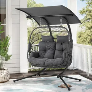 2 Person Egg Chair with Canopy, Double Wicker Porch Swing with Stand & Cushion, Outdoor Patio Hanging Basket Chair for Backyard, Garden & Balcony