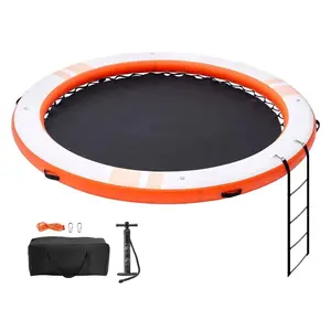 Inflatable Floating Dock, ø8FT Inflatable Dock Platform with ø5FT Trampoline Mesh Pool, Non-Slip Floating Platform Water Mat with Portable Bag & Detachable Ladder for Pool Beach Relaxation