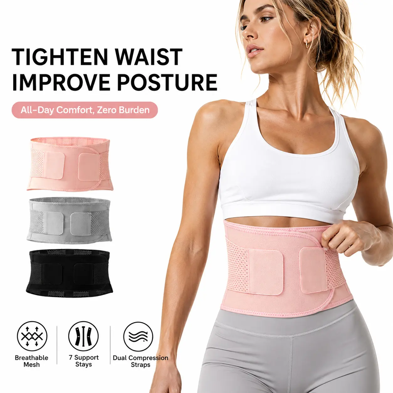 Lower Back Support Brace for Pain Relief, Breathable Lumbar Support Belt with 7 Bionic Strips, Lightweight Adjustable Back Brace for Work, Gym & All-Day Comfort