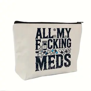 All My Meds Letter Pattern Canvas Makeup Bag, 1/6/16pcs Reusable Zipper Makeup Organizer, Travel and Makeup Pill Storage Bag, Travel Cosmetic Bags, Perfect Gifts for Women