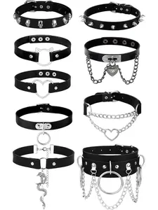 6-9pcs Leather Punk Goth Choker Necklace with Love Heart Spikes, Adjustable Pu Collar for Women, Costume Jewelry Chain Necklace Choker