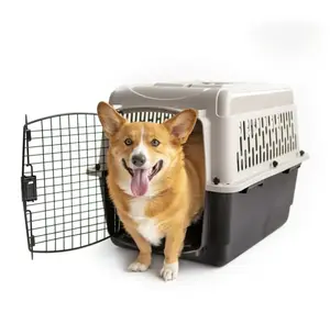 Grey Pet Kennel Small/Medium 26" Dog Crate for Pets 15-25 lb, Plastic Travel Pet Carrier