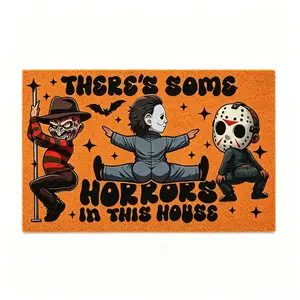 Funny Horror Movie Characters Non-Slip Doormat - "There's Some Horrors In This House" Decorative Indoor Porch Mat for Halloween, Scary Movie Fans