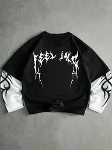 2026 Trendy Gothic Graphic Layered Long Sleeve Tee - Black and White Contrast Fake 2-Piece Pullover - Loose Fit Heavyweight Casual Streetwear Top for Unisex Aesthetic & Daily Street Style Menswear