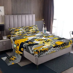 Feelyou Cartoon Construction Machinery Truck & Site Car Bedding Set - Breathable Bedsheet Sets for Kids, Fit for Queen Size Mattress