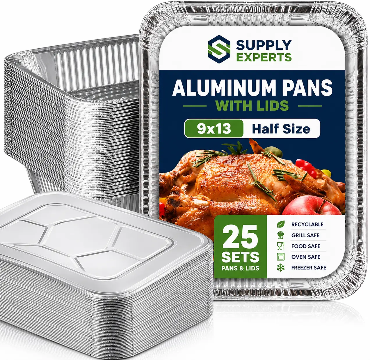 9x13 Half Size Deep Aluminum Foil Pans with Lids, 25 Sets | Extra Heavy Duty Disposable Baking, Roasting, Meal Prep & Steam Table Pans