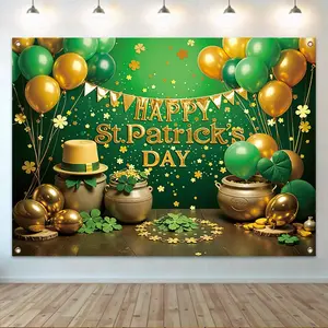 St. Patrick's Day Themed Background Banner, 1 Count Clover & Balloon & Pot Of Gold Pattern Backdrop, Party Decoration Banner for Home Living Room Bedroom, Ornaments