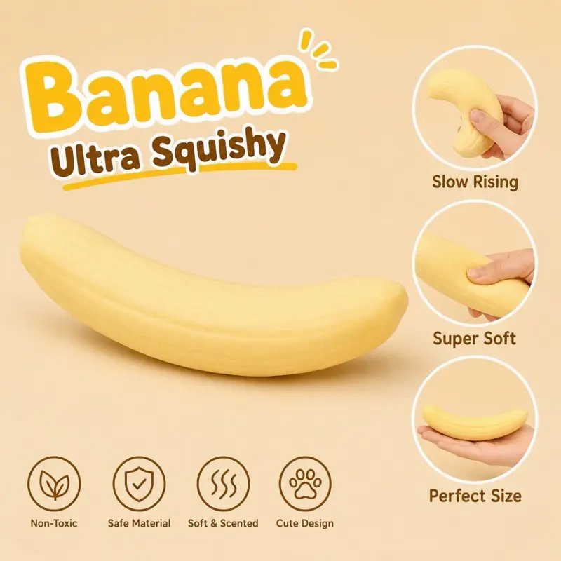 Banana Slow Rising Squishy Toy, Soft Food-Themed Foam Sensory Fidget Squeeze Toy, Cute Gift for Adults