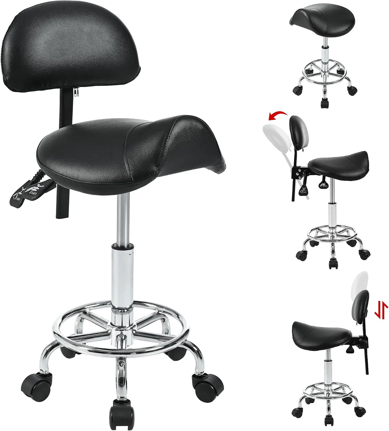 Saddle Stool with Back Support, Rolling Stools with Foot Rest, Ergonomic Adjustable Stool with Wheels, Backrest Adjustable Height & Angle for Salon Spa Tattoo Massage Office Swivel Stool Chair