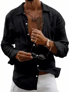 Men's linen Classic collared long-sleeved button-down shirt, with a relaxed and casual fit. Perfect for breathable summer beach wear, suitable for vacations, daily casual wear, and business casual occasions.