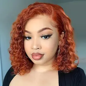 Curly Bob Wig Human Hair Curly Wave 13x4 HD Lace Front Wigs For Black Women Human Hair Pre Plucked Wear And Go Glueless Short Wet And Wavy Orange Ginger Color #350 14 Inch