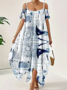 Plus Size Women's Summer Casual Chic Tie-Dye Dress, Asymmetrical Off-Shoulder Strappy Maxi Dress, Loose Fit, Perfect for Daily Wear, Beach Vacation, Casual Fashionable Dress