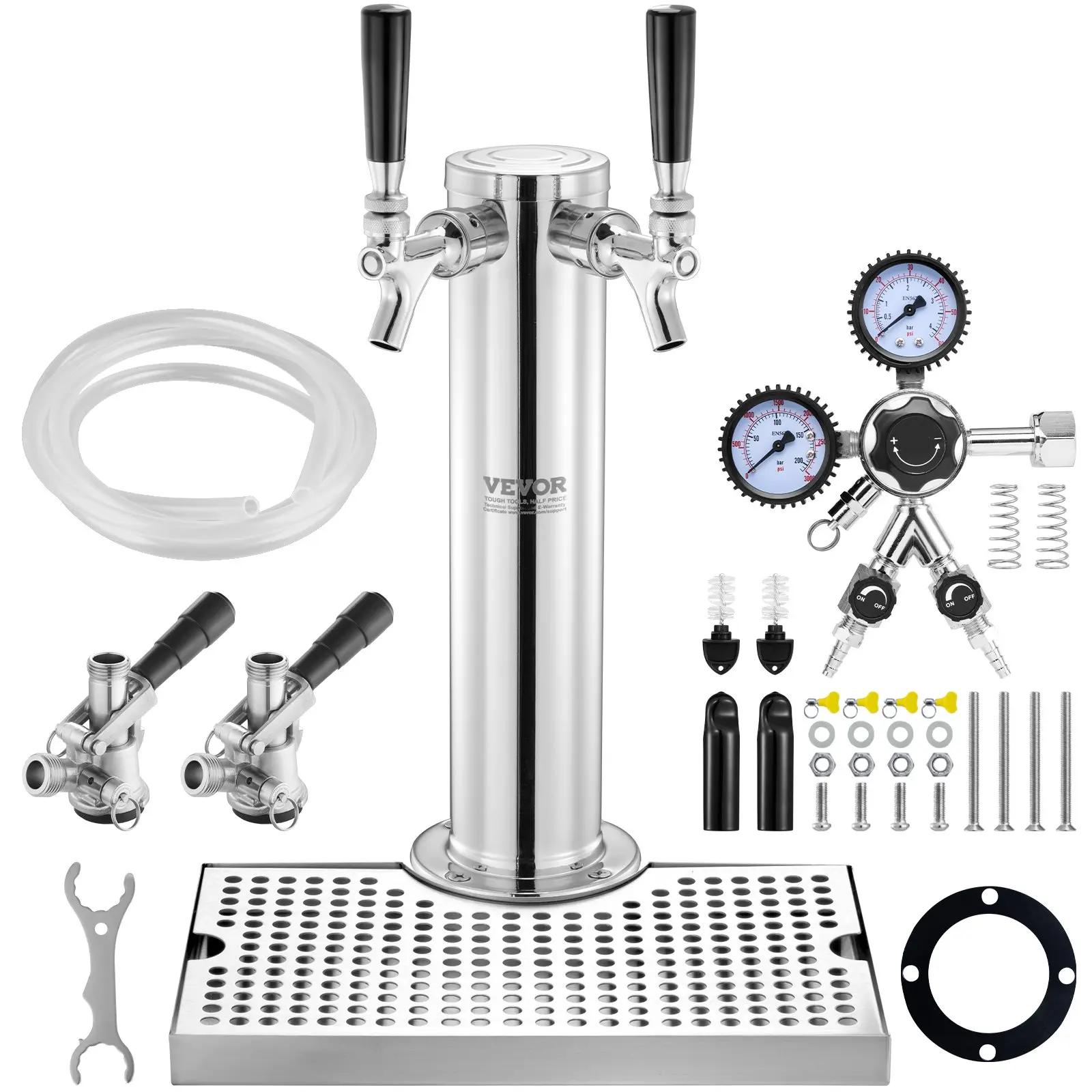 VEVOR Stainless Steel Dual-Tap Kegerator Tower Kit, Pre-Assembled Chrome Beverage Dispenser with Dual-Gauge CGA320 Regulator, D-System Keg Coupler, Drip Tray for Home, Restaurant Use