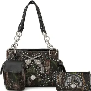 Cowgirl Trendy Women's 2-Piece Camo Crossed Guns Western Handbag & Wallet Set, Handbags for Women
