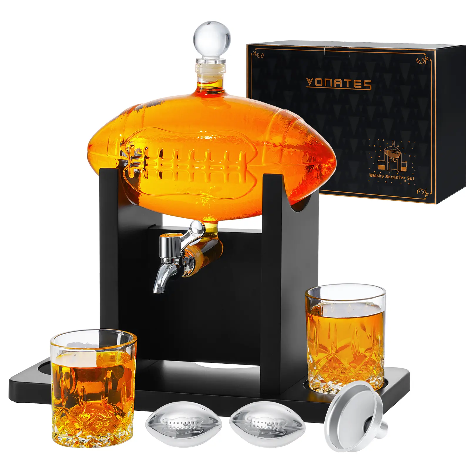 Football Whiskey Decanter Set, 47oz Liquor Decanter Set with 2 Glasses + 2 Footballs Chillers, Gifts for Men, Dad, Husband, Boyfriend, Coach, for Liquor, Bourbon, Scotch, Vodka,