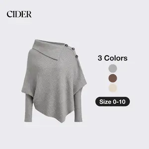 Cider Knit Asymmetrical Neck Poncho Long Sleeve Top