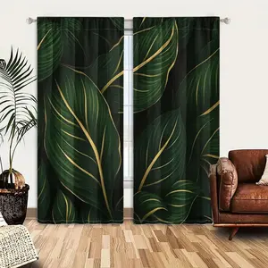 2pcs Window Curtains, Lush, dark green tropical leaves with striking gold veins. Overlapping foliage forms a rich, elegant, and decorative botanical pattern.Window Drapes for Bedroom Living Room, Rod Pocket Window Treatment