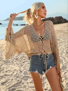 Women's Plain Tassel Trim Open Front Crochet Cover Up, Casual V Neck Hollow Out Cover Up Top for Beach Holiday Vacation, Ladies Swimwear for All Seasons, Beach Cover Ups